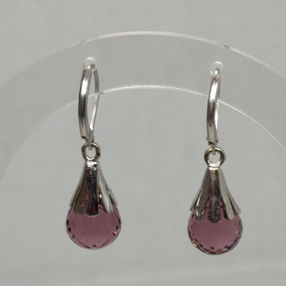 Silver Tone Metal Purple Pink Glass Faceted Stone Teardrop Drop Fashion Earrings - Picture 5 of 14